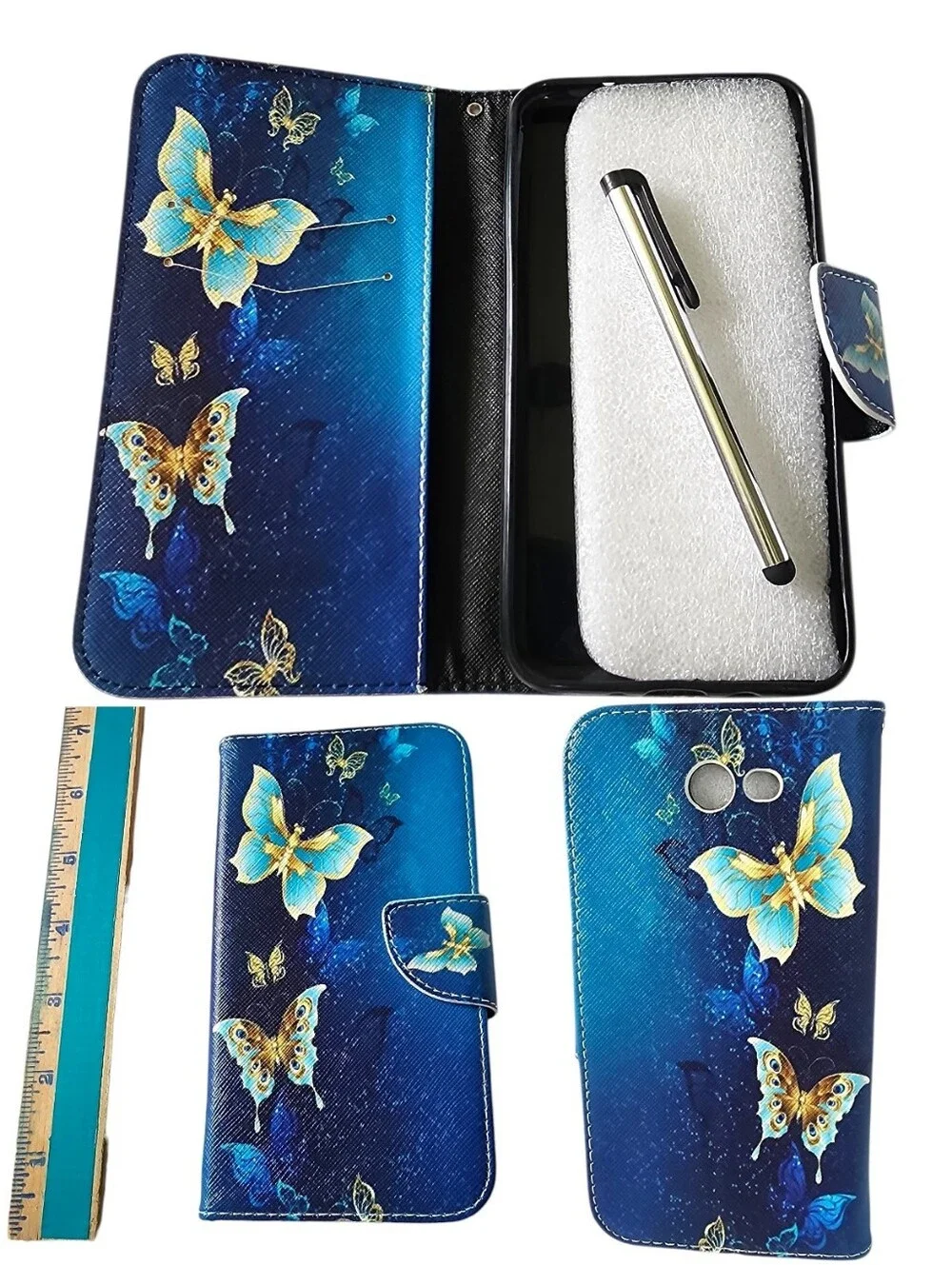 Blue Butterfly Wallet Case With Stylus For Samsung Galaxy J7